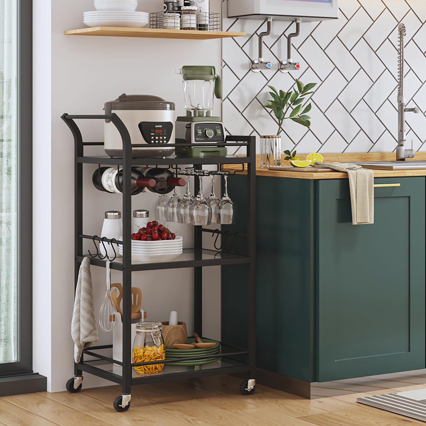 TUTOTAK Bar Cart, Home Bar Serving Cart with 3-Tier Mirrored Shelf, Wine Cart, Drink Cart, Mobile Kitchen Shelf, Black BC01BK034CA