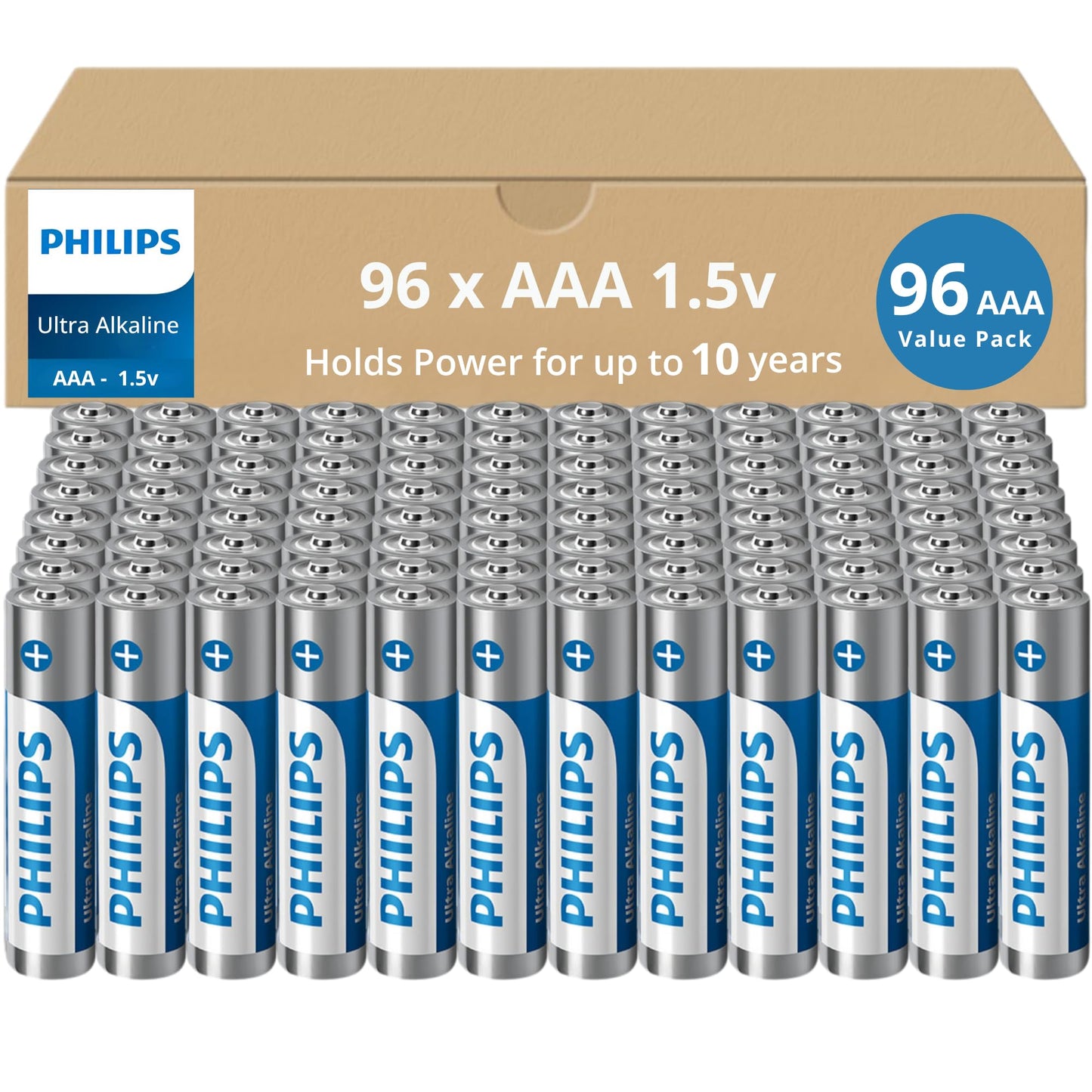 PHILIPS AAA Batteries 96 Pack | 1.5v Ultra Alkaline Triple A Battery | 132% More Power Then Industry Standard | Long-Lasting | 10-Year Shelf Life | Great for Indoor & Outdoor Use | Premium Performance