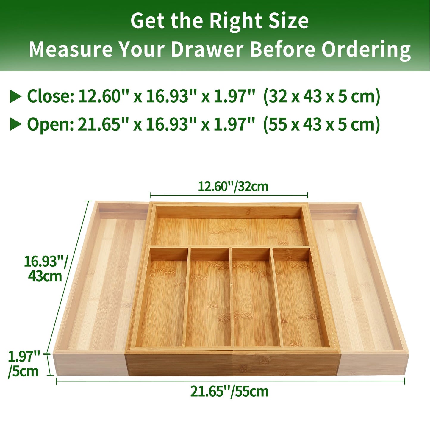 VaeFae Bamboo Drawer Organizer, Expandable Cutlery Drawer Organizer, Wooden Drawer Dividers Organizer for Kitchen Utensils and Flatware