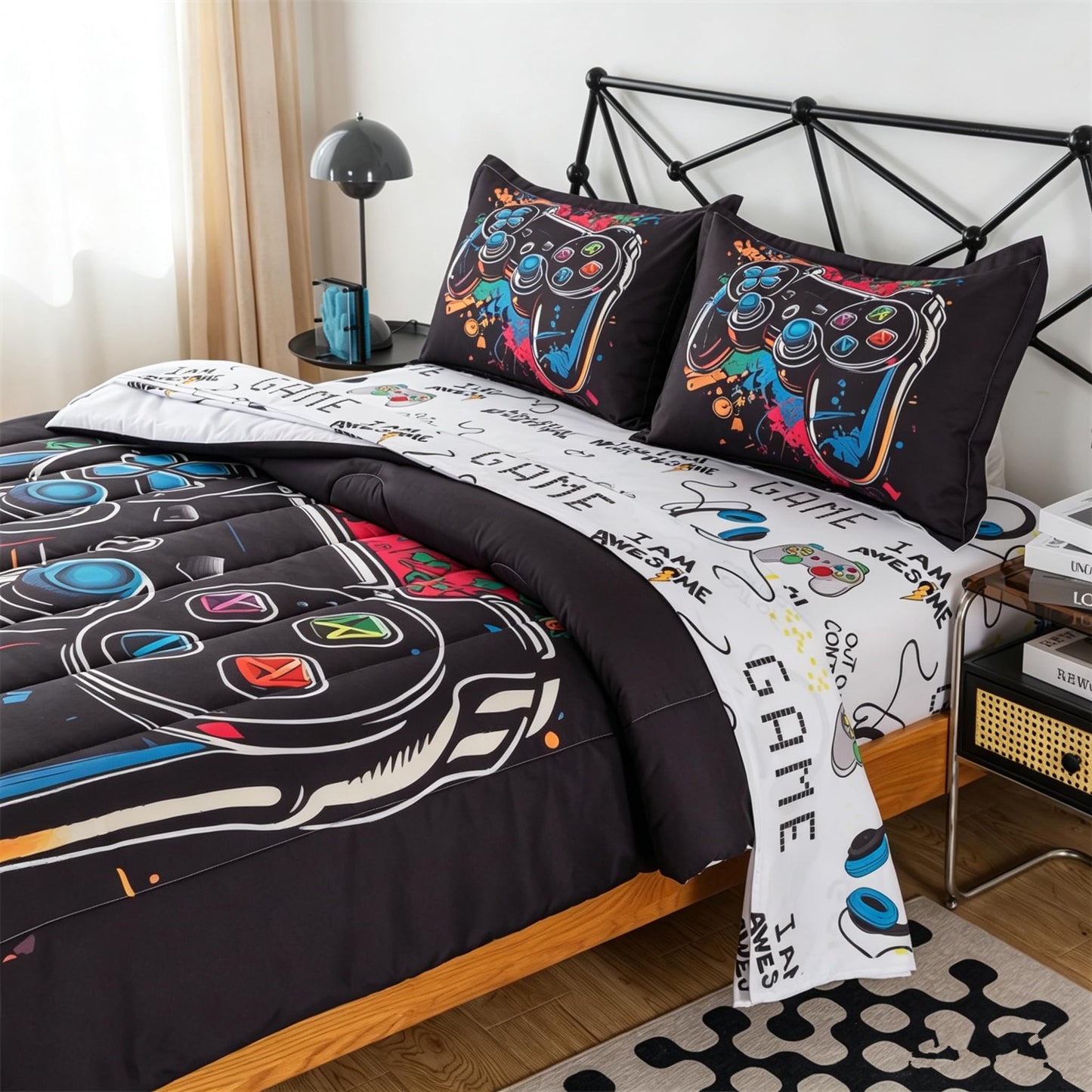 qjmiaofang Gamer Comforter Set for Boys 6 Pieces Black Gaming Bedding Set Twin for Kids Teens Bed in A Bag Gamer Bed Set with Sheets and Pillowcases Soft Microfiber for Home Decor
