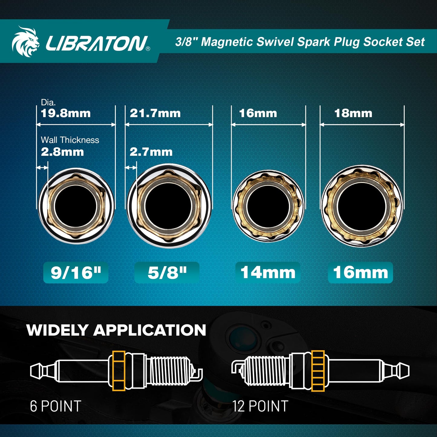 LIBRATON 8PCS 3/8"Dr. Magnetic Spark Plug Socket Set, Include Gapper & Extension Bar, Swivel Head Thin Wall (5/8" 9/16" 14mm 16mm), 6 &12 Point for Truck Motorcycle Auto Repair, w/4",6",10", CR-V