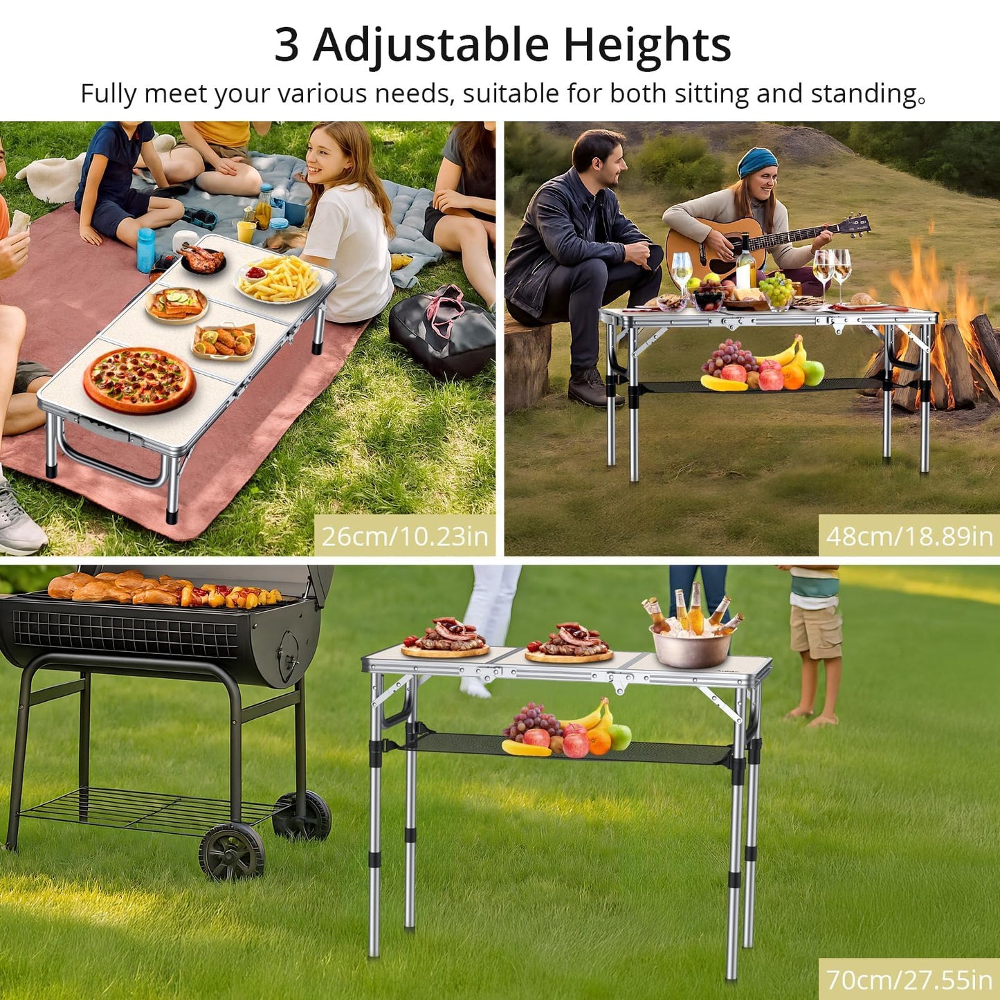 Anbte Camping Table, Camping Folding Table Aluminum Folding Table with 3 Adjustable Height Max 27.1 inch Portable Picnic Table with Storage Net and Bag for Outdoor, Backyard, 34.6" X 16", Silver