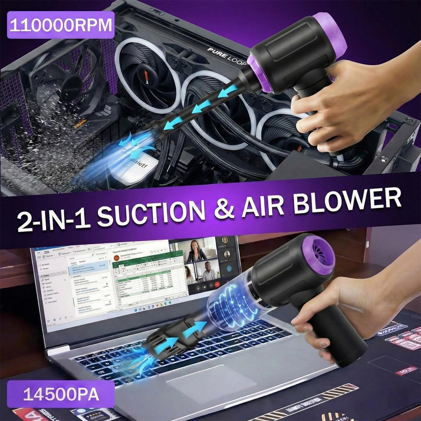 Goweto 14.5KPA Computer Keyboard Vacuum Cleaner &110000RPM Electric Air Duster 3-in-1,Replaces Canned Air,for PC Tower & Car Laptop Sewing Machine Portable Keyboard Vac USB Desk Crumbs Dust Cleaners
