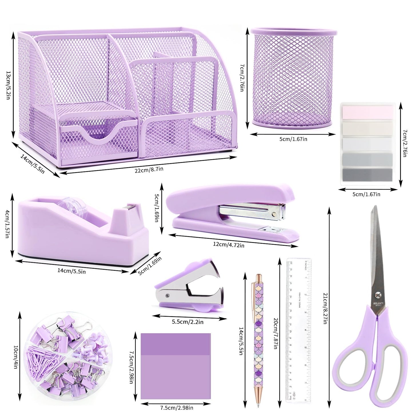 12 in 1 Purple Desk Organizers and Accessories Set, Gifts for Coworkers, Office Supplies, Stapler, Pen Holder, Tape Holder, Staples, Scissors
