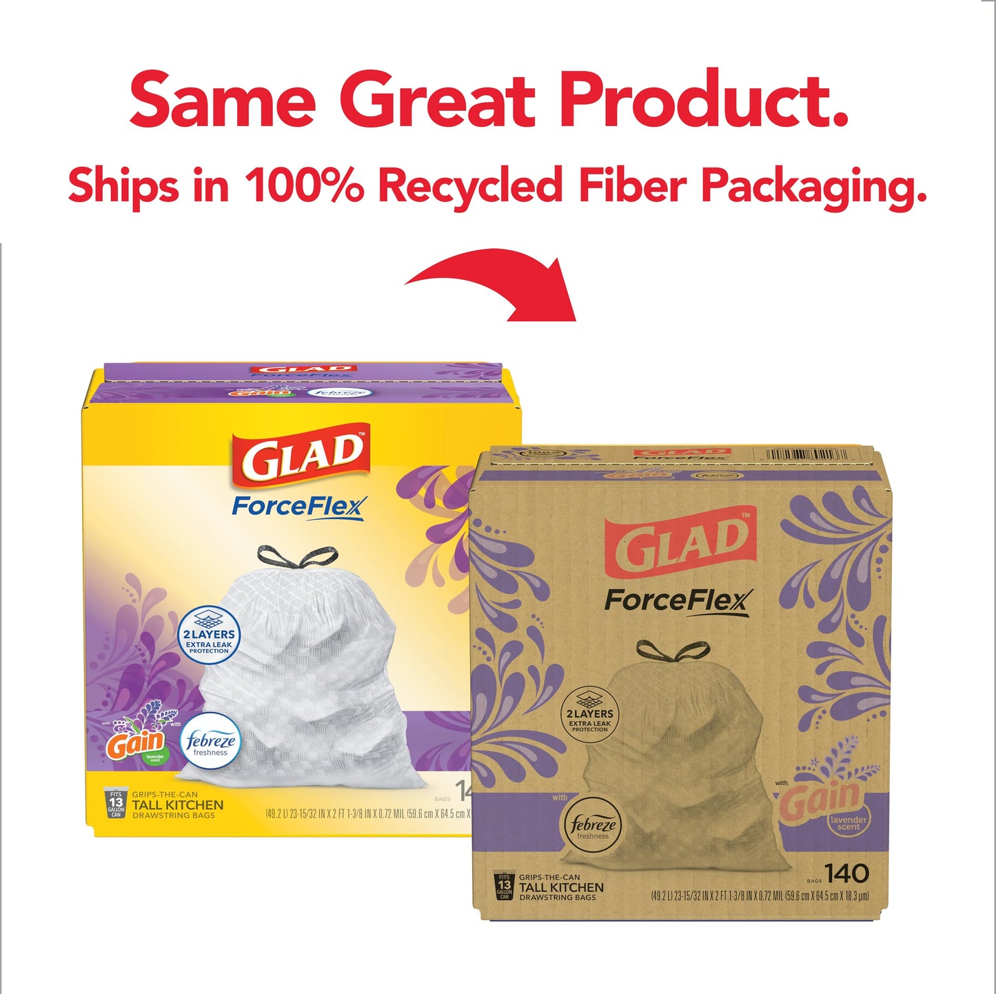 Glad ForceFlex Tall Kitchen Trash Bags, 13 Gallon, Gain Lavender, 140 Count (Package May Vary)