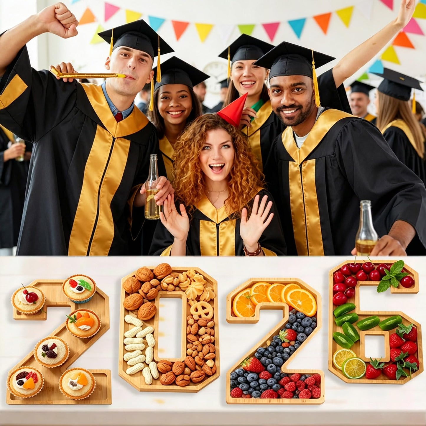 4PCS Wooden Graduation Decorations Fillable Number Charcuterie Board - 2026 Graduation Decorations - Centerpieces Serving Tray for Tables for Kindergarten High School College Party Supplies