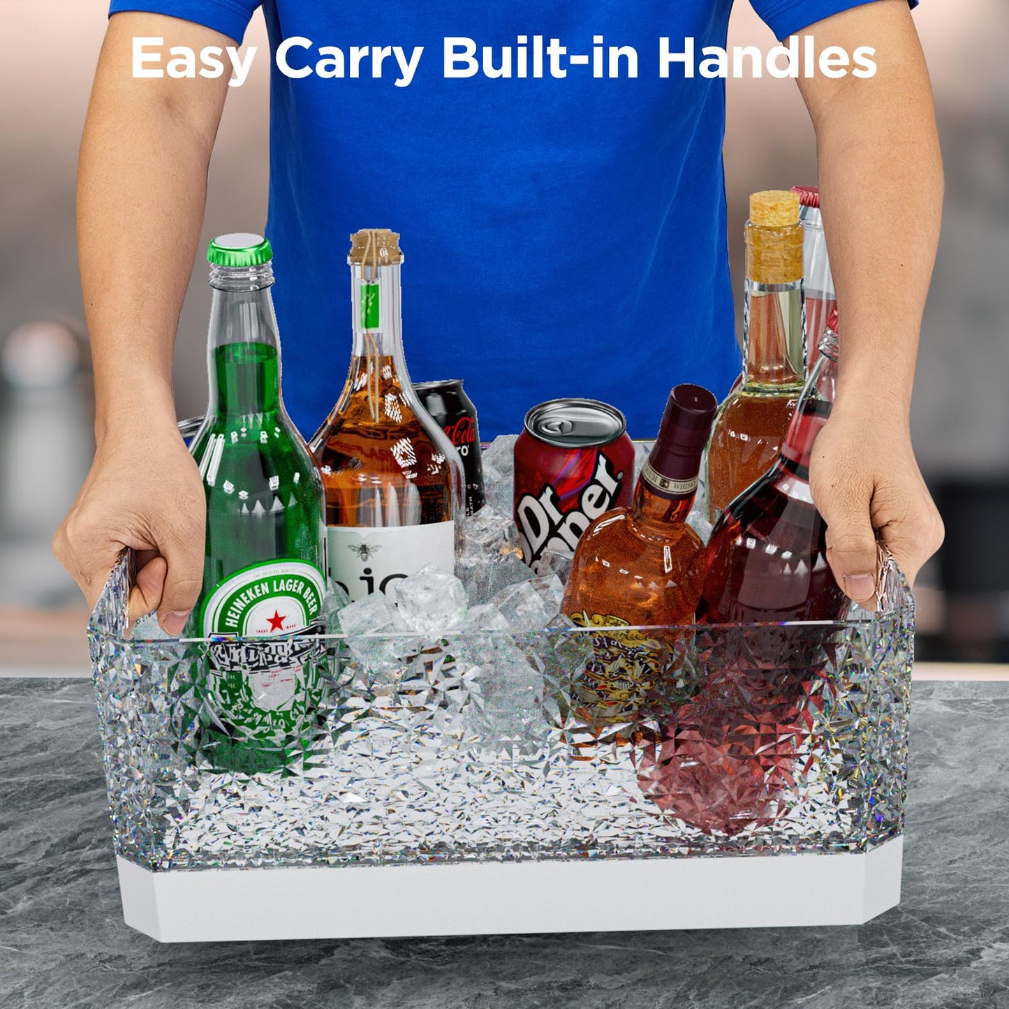 Plastic Ice Bucket for Parties, 15L Extra Large Clear Beverage Tub for Champagne Beer Drink Wine Cocktails, LED Light Up, Leakproof