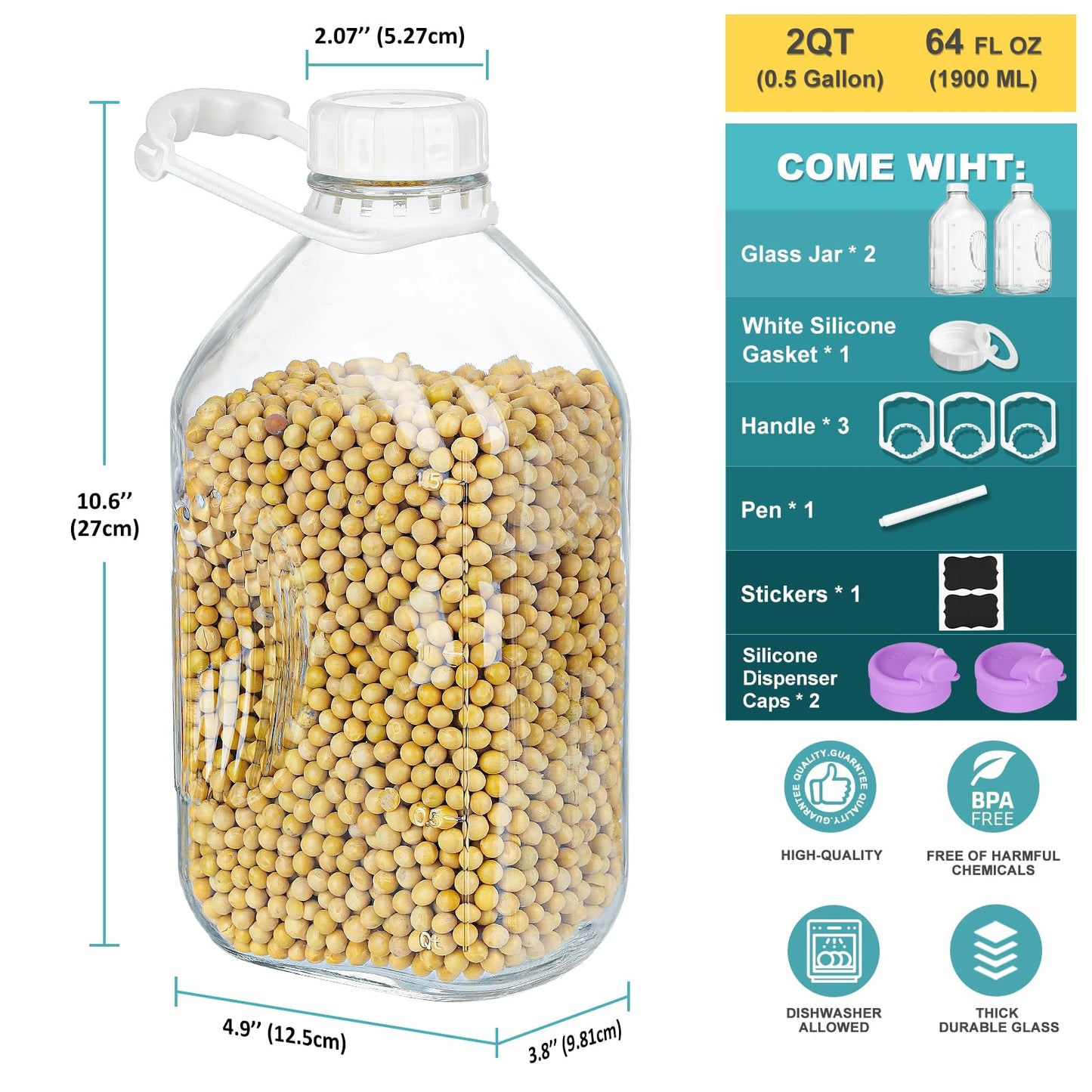 2 Pack 64 Oz Heavy Duty Glass Milk Jugs with 2 Spouts and Reusable Airtight SCREW LID - 2 Qt Water Bottle with Handle - Water Pitcher with Lid - 1/2 Gal Glass Jars with Scale Lines