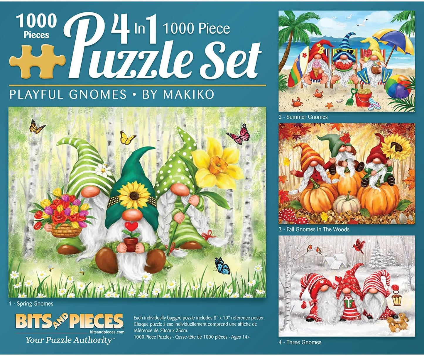 Bits and Pieces - 4-in-1 Multi-Pack 1000 Piece Jigsaw Puzzles for Adults - 'Playful Gnomes' 1000pc Puzzle Set Bundle by Makiko - 20" x 27" (51cm X 69cm)
