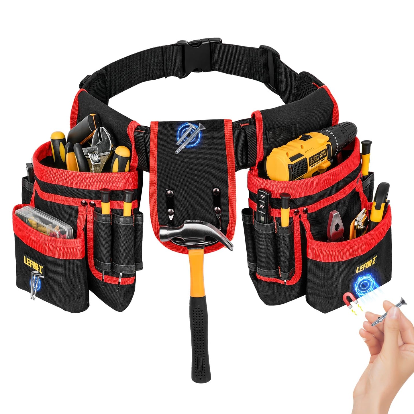 Tool Belt,Magnetic Tool Pouch,27-Pockets Heavy Duty Padded Tool Belts for Men,Detachable & Adjustable Tool Pouch Bag for Electrician,Carpenter,Construction,Work Apron,Utility Belt,Black,Red