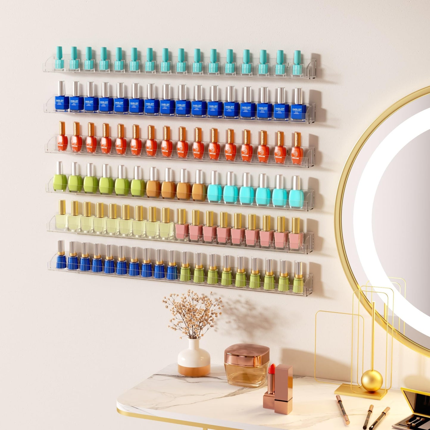 Hexsonhoma 30 Inch Clear Nail Polish Wall Rack with Removable End Caps Set of 6, Acrylic Wall Shelf Bookshelf, Fall-Proof Nail Polish Sorage Shelves for 180 Bottles