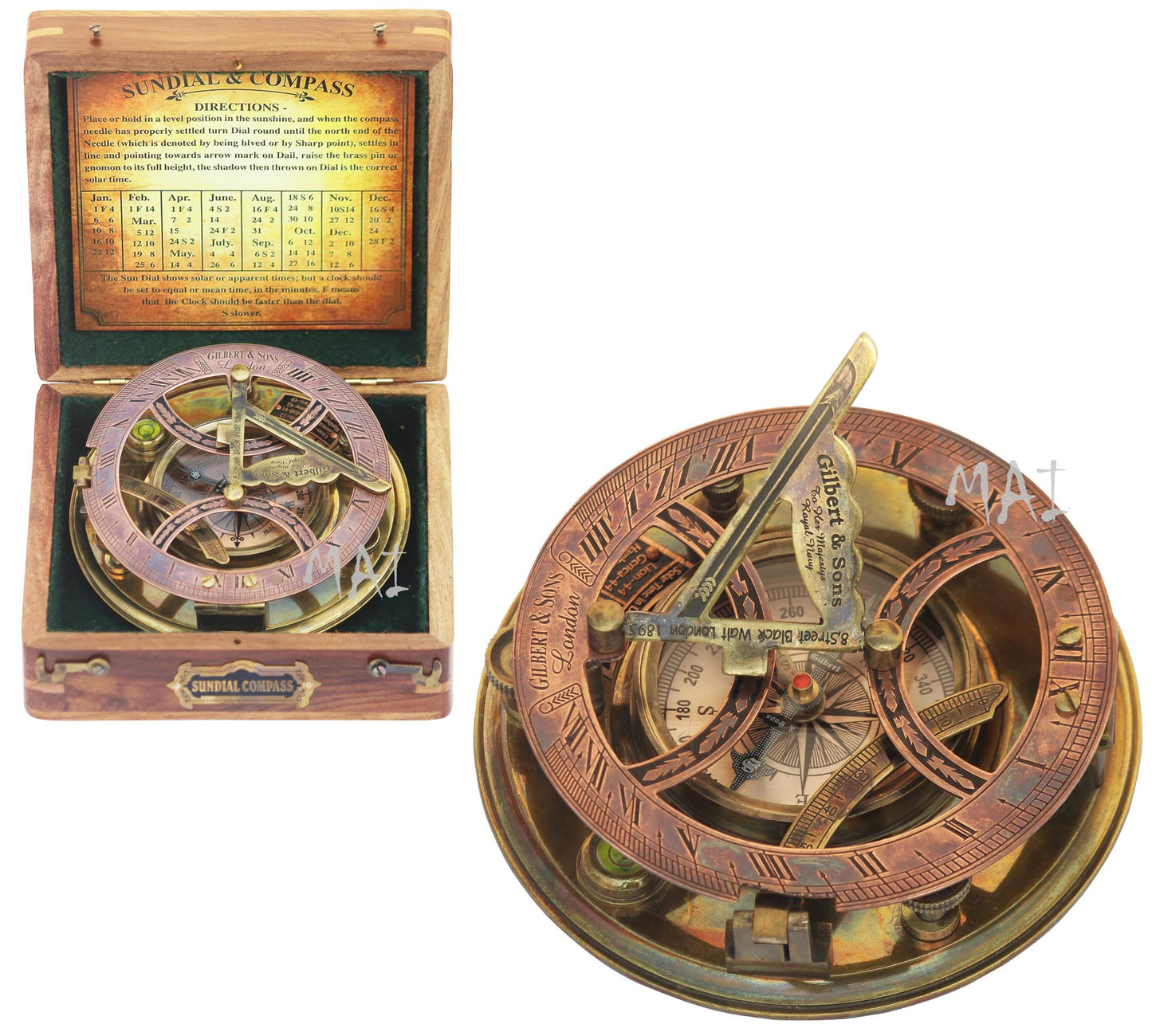 MAI - 5 inch Steampunk Sundial Compass Top Grade Perfectly Calibrated Large Brass Nautical Antique Vintage Style Compass with Wooden Box, birthday, baptism gifts, thanks giving, Valentine’s Day Gift.