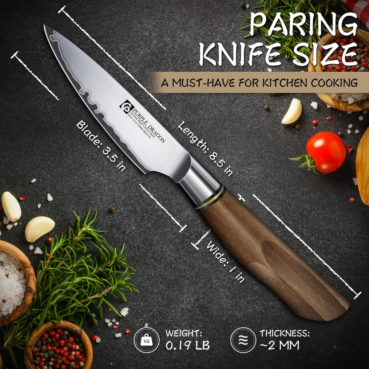 Purple Dragon 3.5 Inch Paring Knife, Small Kitchen Cutting Fruit Knife, German Vg10 Steel Ultra Sharp Blade Ergonomic Wooden Handle, Gift Box
