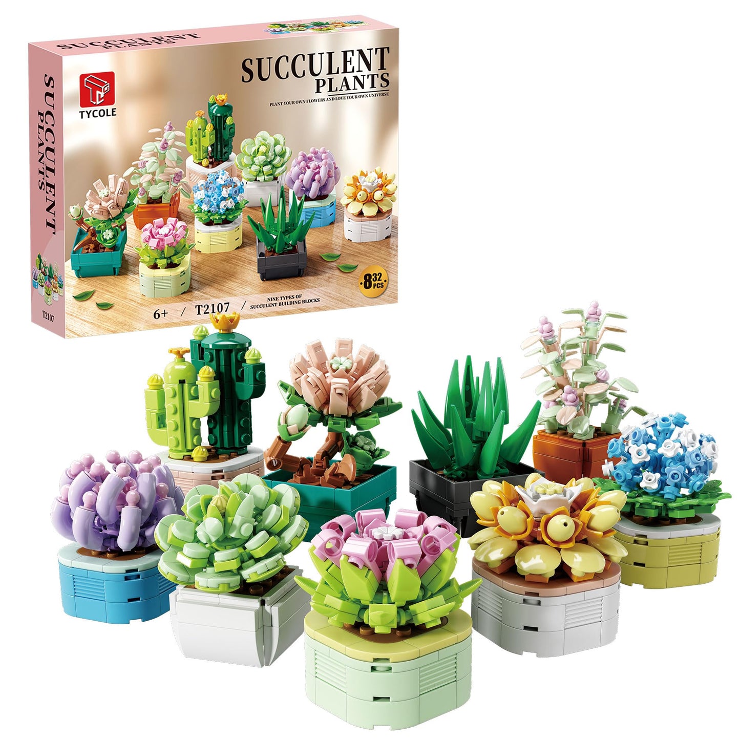 TYCOLE Tiny Flowers Succulents Artificial Plant Set-Creative Botanical Building Block 9 in 1 Toy, Botanical Collection for Office&Home Decor,Christmas Birthday Gift for Adults and Kids 8-12(832 PCS)