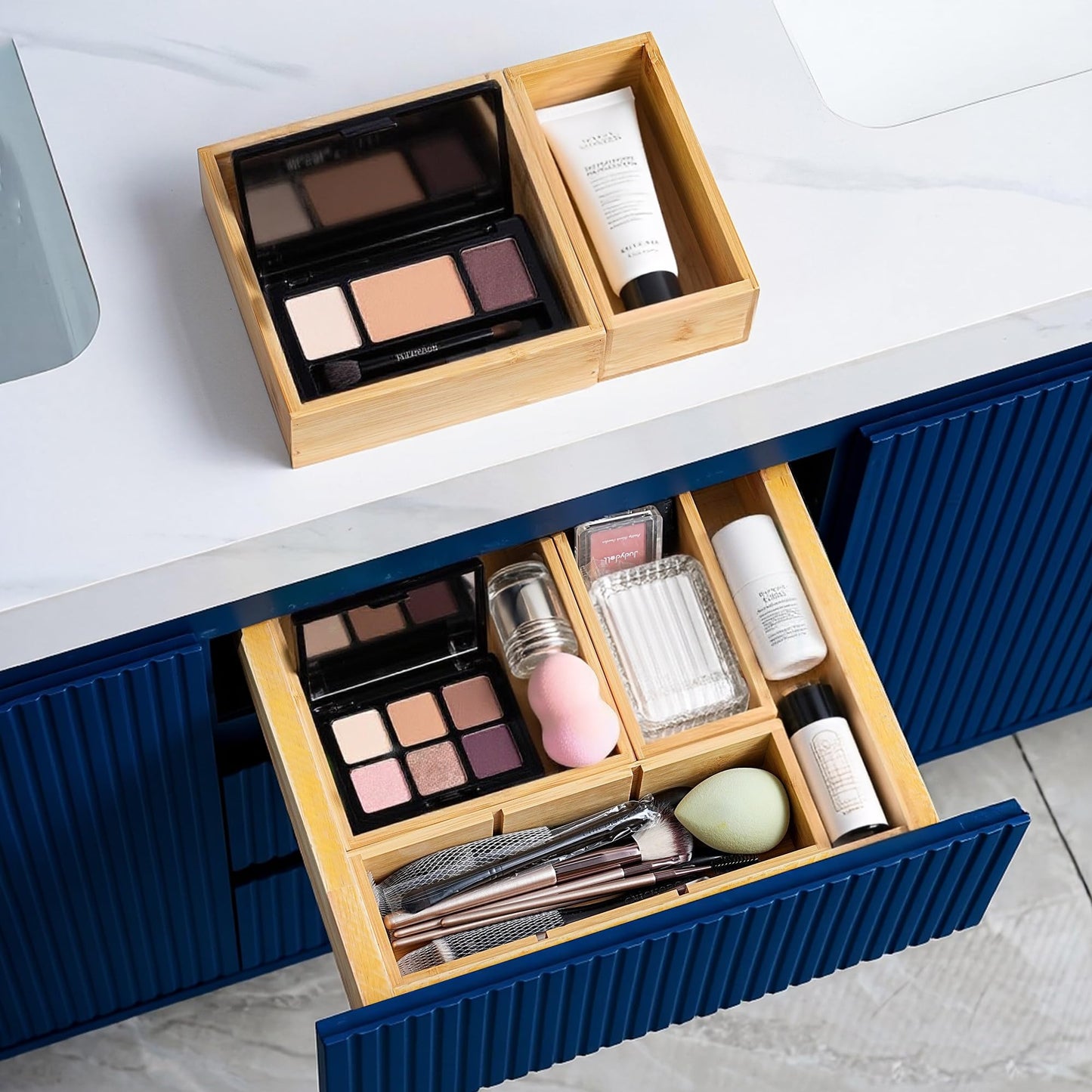 Drawer Organizer, Set of 9 Bamboo Wood Kitchen Makeup Desk Junk Tea Drawer Storage Boxes Bins for Cutlery Silverware Utensils Flatware, Small Wooden Container Tray for Bathroom, Office