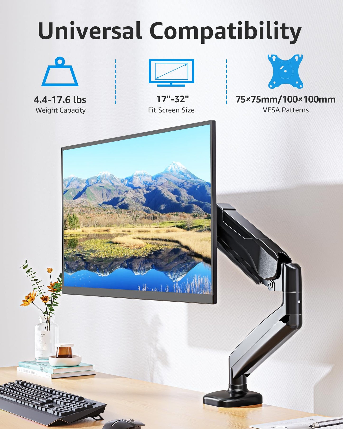 MOUNTUP Single Monitor Desk Mount Holds Screen up to 32 inch, Height Adjustable Monitor Arm, Computer Monitors Stand with Clamp/Grommet Base, VESA Mounts Fit 4.4-17.6lbs Computer, Black