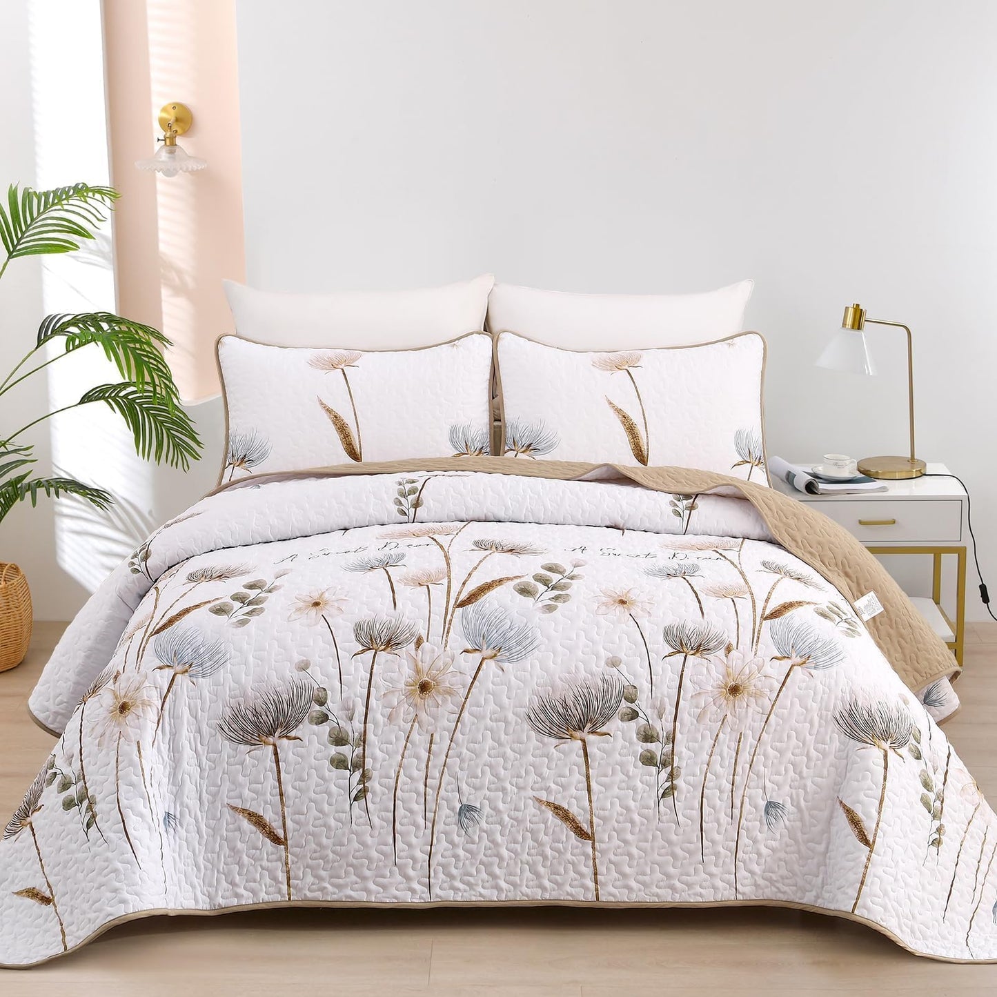 Floral Quilt Set Queen,Botanical Beige/Khaki Bedspread Queen Size 3 Pieces Lightweight Summer Quilts Microfiber Farmhouse Bedding Set Soft Flower Bedspreads White quilted Coverlet Sets for All Seasons