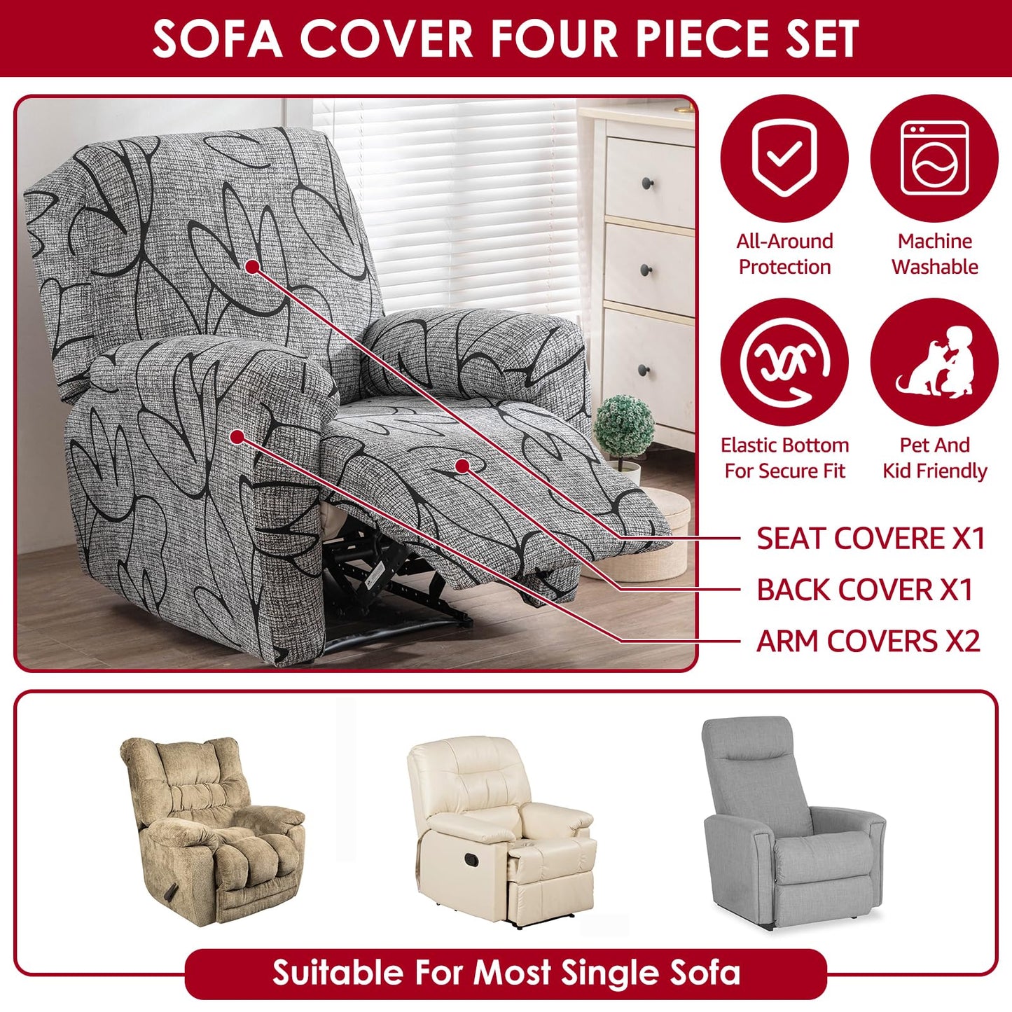 Recliner Chair Cover, Anti Scratch Lazy Boy Recliner Covers, Stretching Printed Sofa Slipcovers for Protection, Elastic Bottom Couch Cover Slipcover for Cats, Dogs, Pets and Kids, Machine Washable