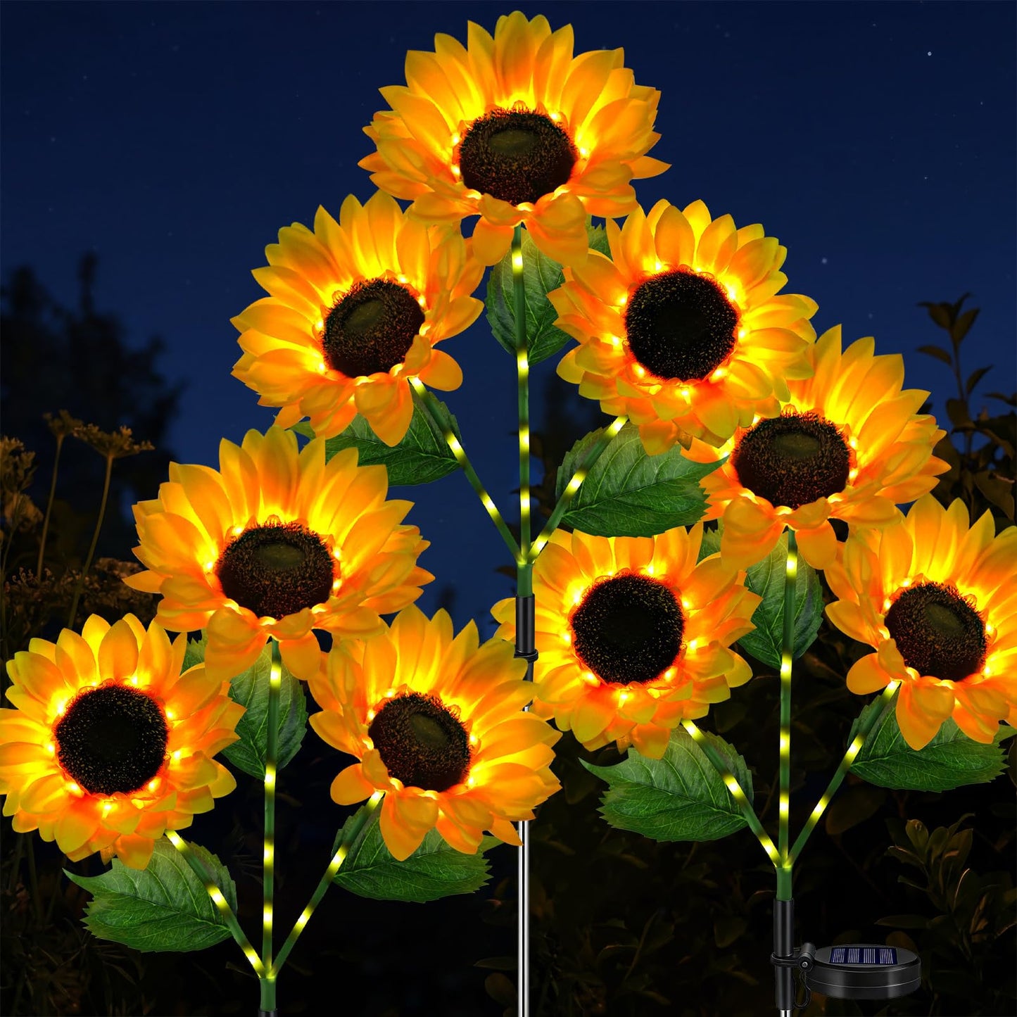 Solar Sunflowers Outdoor Waterproof, 3 Pack Solar Flowers Stake Lights with 9 Big Realistic LED Sunflowers for Yard, Garden, Cemetery Grave, Lawn, Flower Pot, Fall Outside Decorations (Sunflowers)
