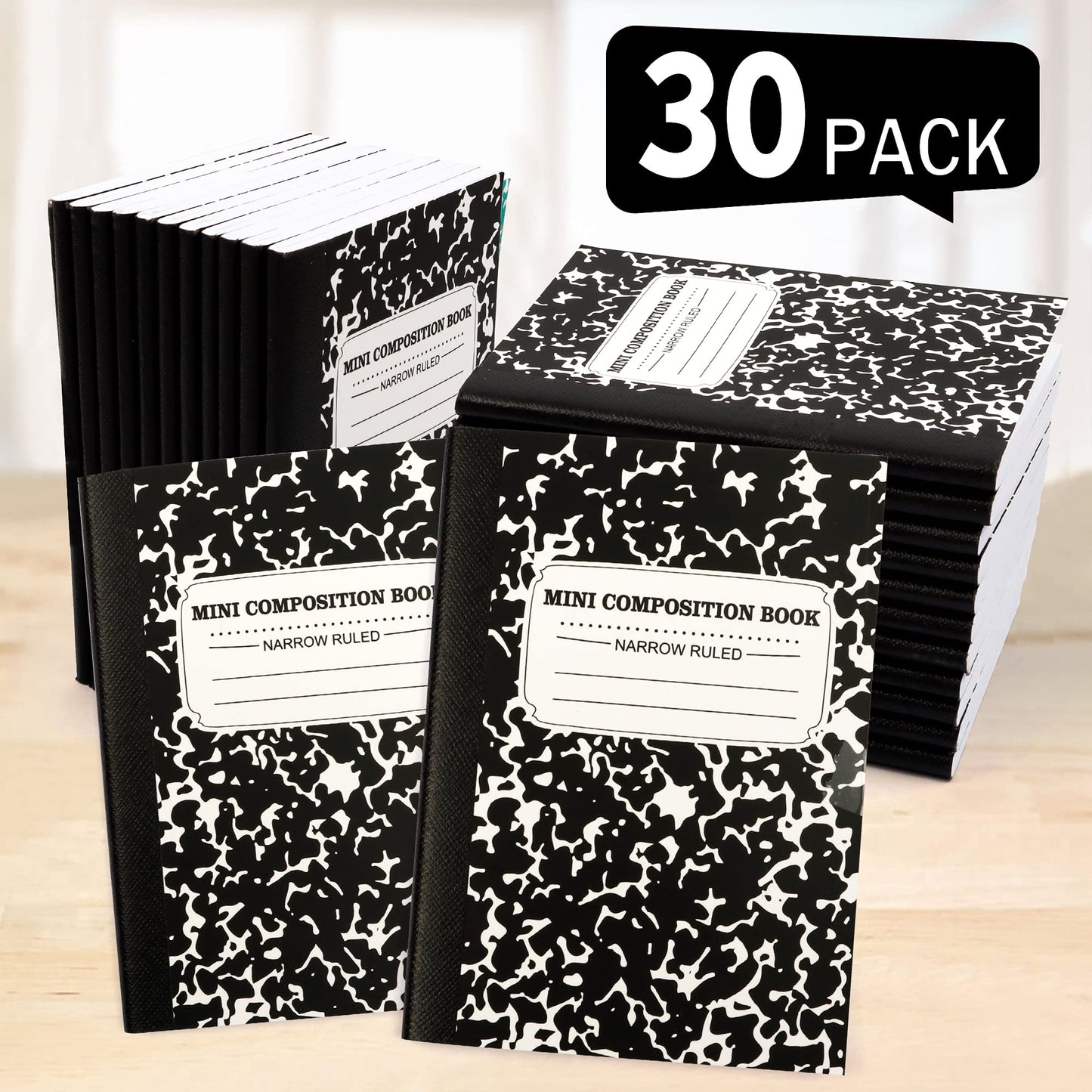 feela Mini Composition Notebook, Cute 30 Pack Black Narrow Ruled Mini Composition Books Bulk, Small Pocket Marble Journal Notebooks for Kids Students College Office, Pocket Size 4.5 x 3.25 in