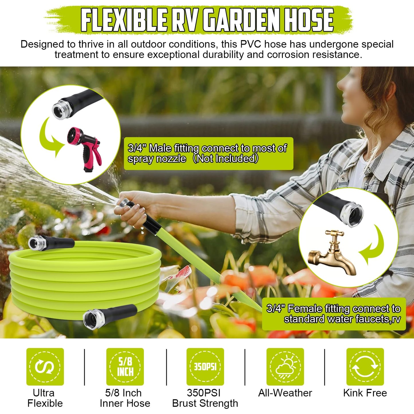 TIPHOPE 25FT Garden Hose with Aluminum 3/4”GHT Connector Fitting Heavy Duty Garden Water Hose with Swivel Grip Handle,Flexible 5/8”Inner Diameter Water Hose for RV Camper Lawn Yard,350PSI Burst Rating