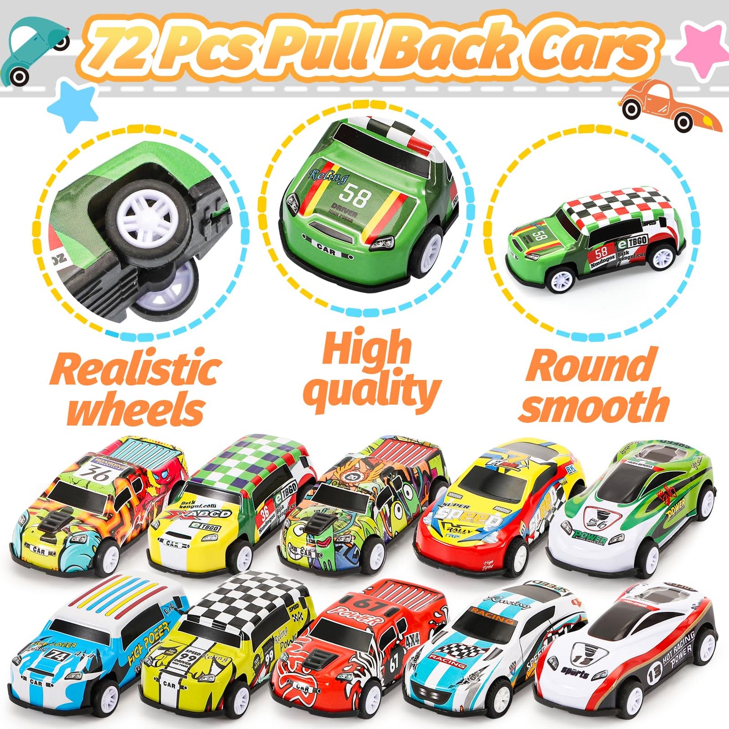 SevenQ Toy Cars Party Favors for Kids, 72Pcs Pull Back Cars Playsets with Storage Box, Mini Toys Race Cars for Boys Girls Toddler Bulk Toy, Goodie Bags Stuffers Carnival Prizes Rewards Fidget Toys