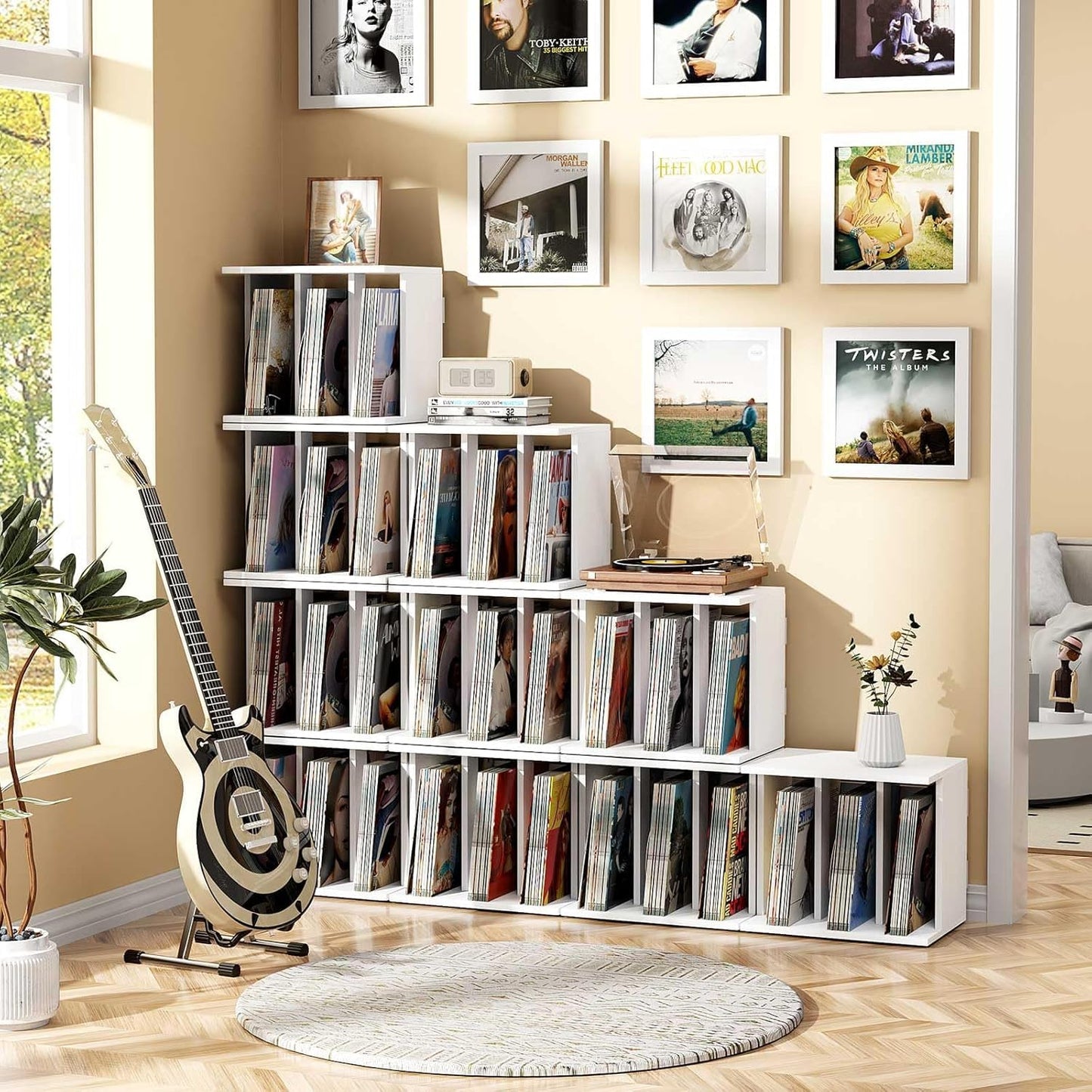 Emfogo Vinyl Record Storage, Record Player Stand Wall Mount Up to 80-100 Albums, 3-Compartment Vinyl Record Holder (White)