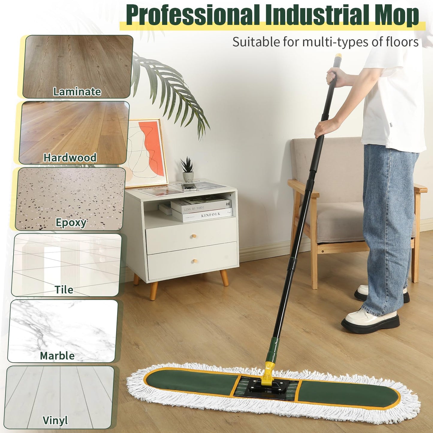 24 Inch Commercial Dust Mop,Heavy Duty Dry Wet Dust Mops Broom for Hardwood Floor, Laminate, Tile, Concrete Cleaning | 60 Extendable Handle & 2 Cotton Mop Heads | Home, Garage, Warehouse Use