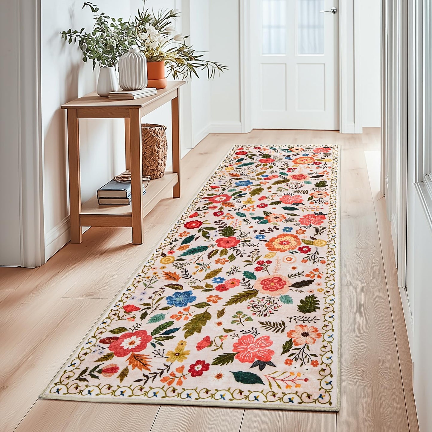 Runner Rugs for Hallway 2x10 Ft, Ultra Thin Non-Slip Long Floral Carpet Washable, Area Rug for Living Room Bedside Entryway Hall Bedroom Stain Resistant Boho Low-Pile Indoor(Beige with Pink)