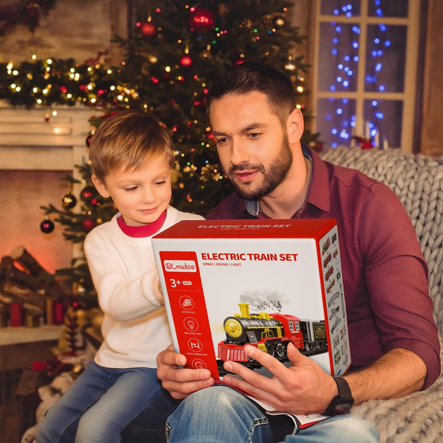 BLmukce Train Set, Kids Electric Train Toy for Boys 4-8 with Smoke, Lights & Sound, Toy Train Set with Chrimastmas Stickers, Toddler Model Birthday Gifts for Boys & Girls (43.3 in)