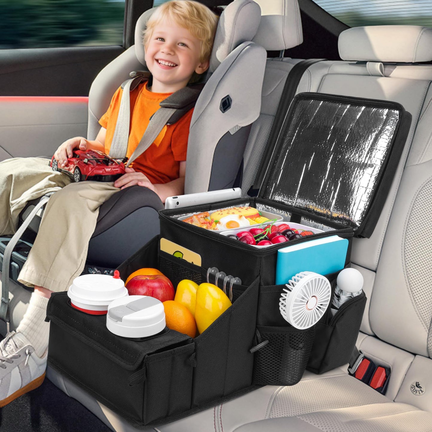 COOLBEBE Car Seat Organizer with Insulation Layer, Backseat Car Cooler Organizer with Cup Holders, Foldable Passenger Seat Organizer for road trip, Storage Box for Front or Middle Seat (Black)
