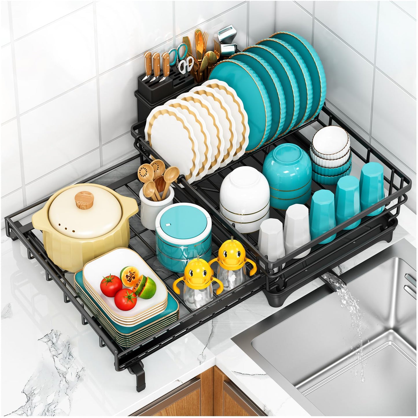 Large Dish Drying Rack,Expandable Dish Rack for Kitchen Counter,Dish Racks with Drain Board and Cutlery Holder,Kitchen Organizers and Storage,Black