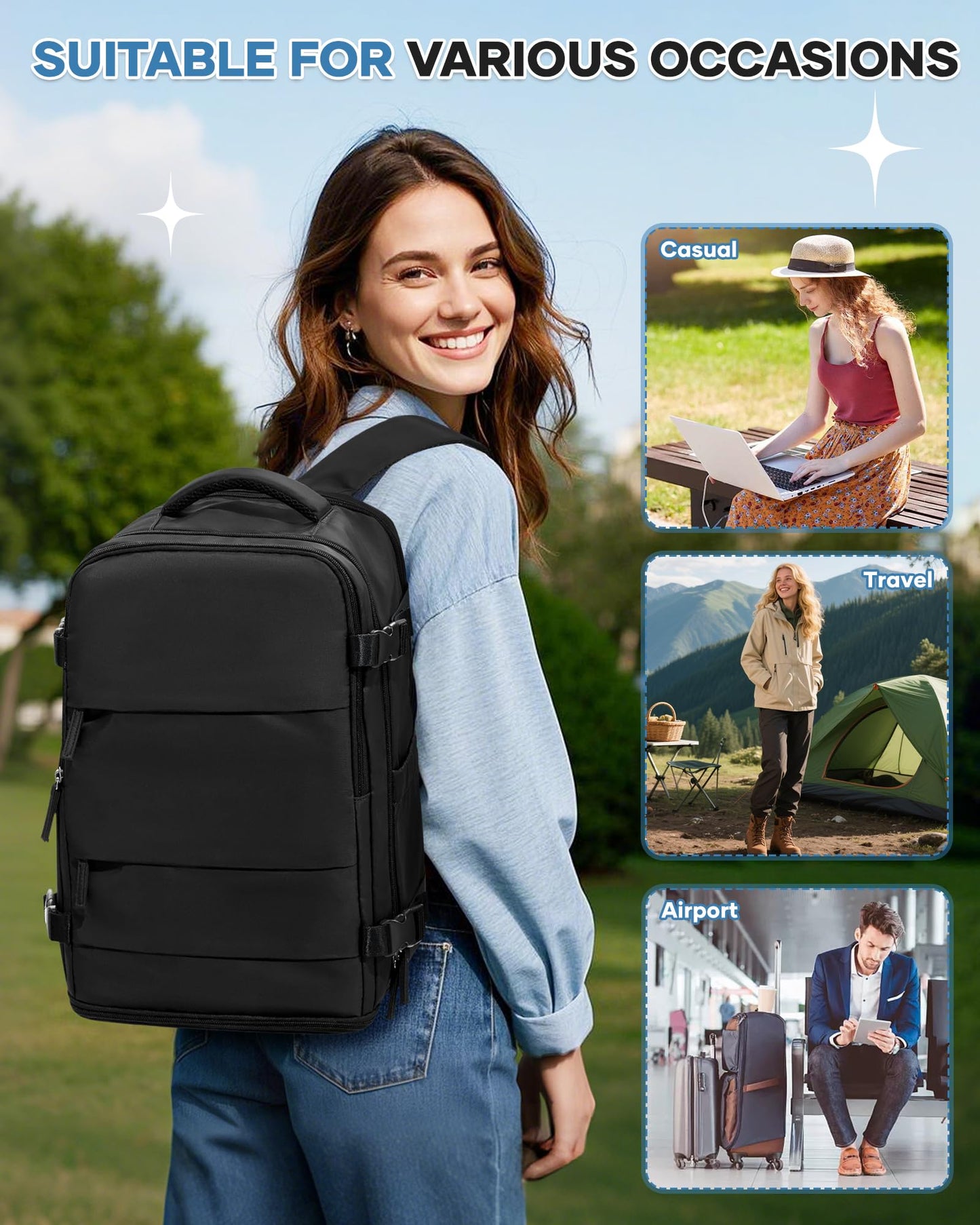 SEAFEW Travel Backpack for Women, Carry on Luggage Backpack Flight Approved Travel Backpack, Waterproof Outdoor Hiking Rucksack Casual Daypack 14 Inch Business Laptop Backapck Men,A2-Black