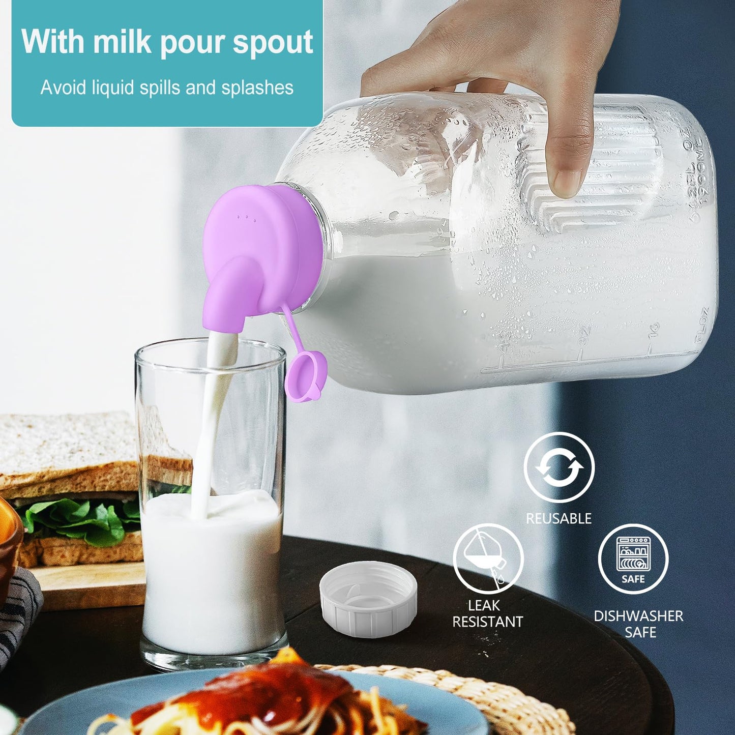 2 Pack 64 Oz Heavy Duty Glass Milk Jugs with 2 Spouts and Reusable Airtight SCREW LID - 2 Qt Water Bottle with Handle - Water Pitcher with Lid - 1/2 Gal Glass Jars with Scale Lines