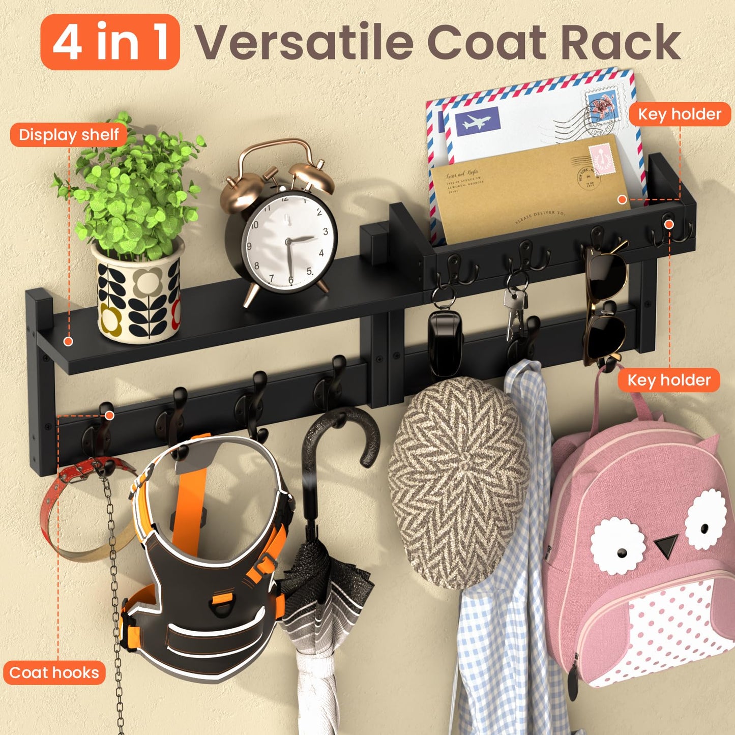 29'' Coat Rack Wall Mount with Shelf and Key Hooks, Solid Wood Key Holder Wall Mount, Farmhouse Wall Organizer for Mail, Entryway Wall Hangers for Hats, Clothes, Backpacks, Mudroom (Black)