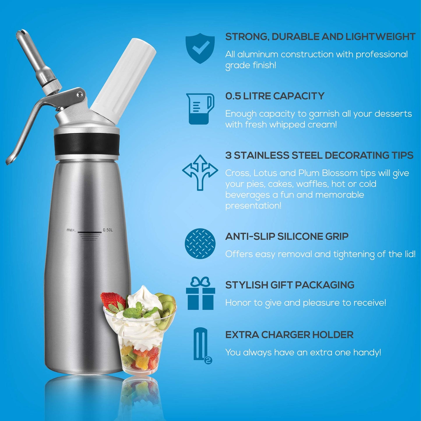 OCTANDRA Professional Whipped Cream Dispenser – 1 Pint Aluminum Cream Whipper Canister - Whipping Siphon - Whip Cream Maker with 3 Stainless Steel Tips, 2 Charger Holders, Brush & Storage Cap