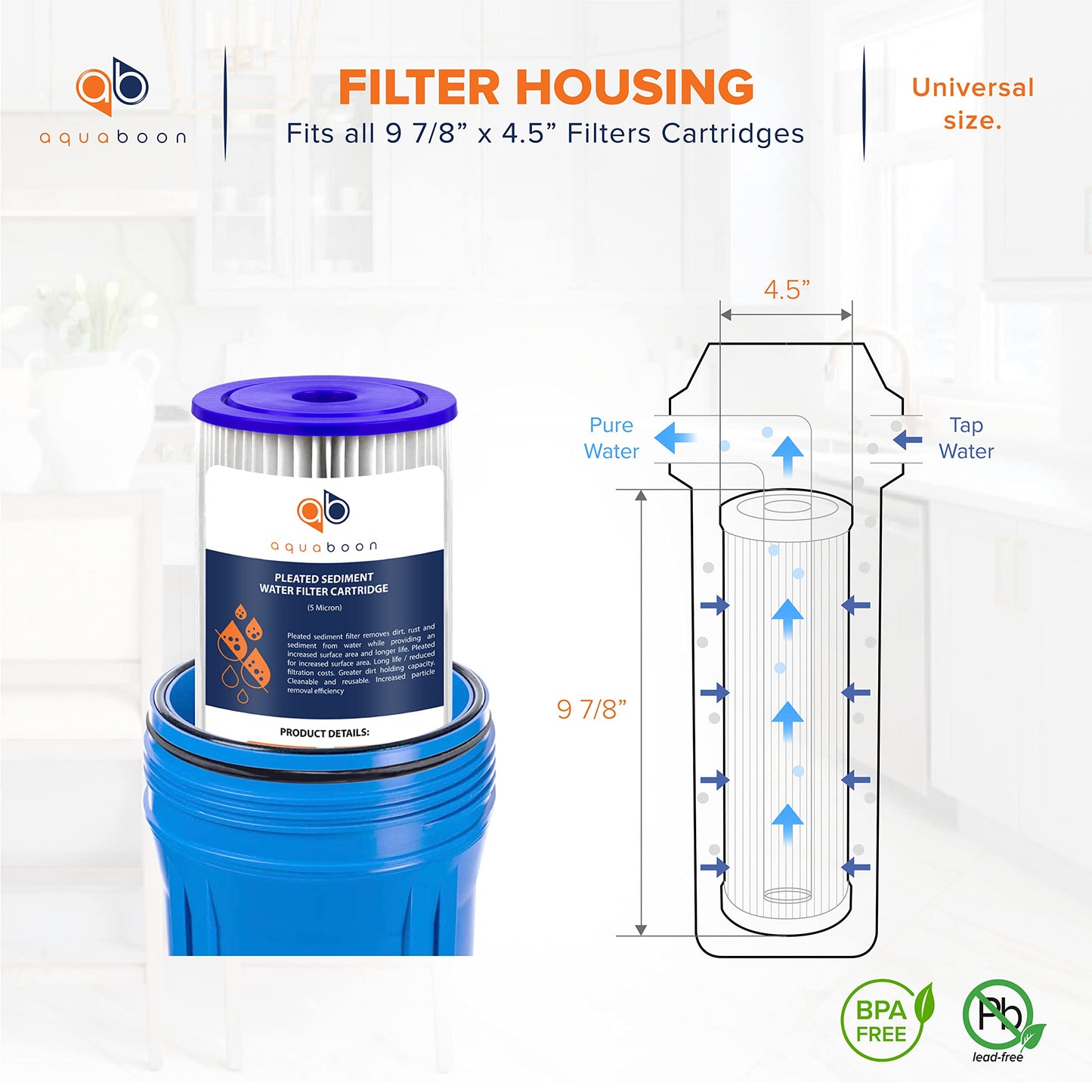 Aquaboon 5 Micron Pleated Sediment Water Filter 10 x 4.5 Cartridge - Whole House Water Filter Replacement - Whole House Water Filters Cartridges Compatible with Well Filters FXHSC, R50-BBSA, 4-Pack