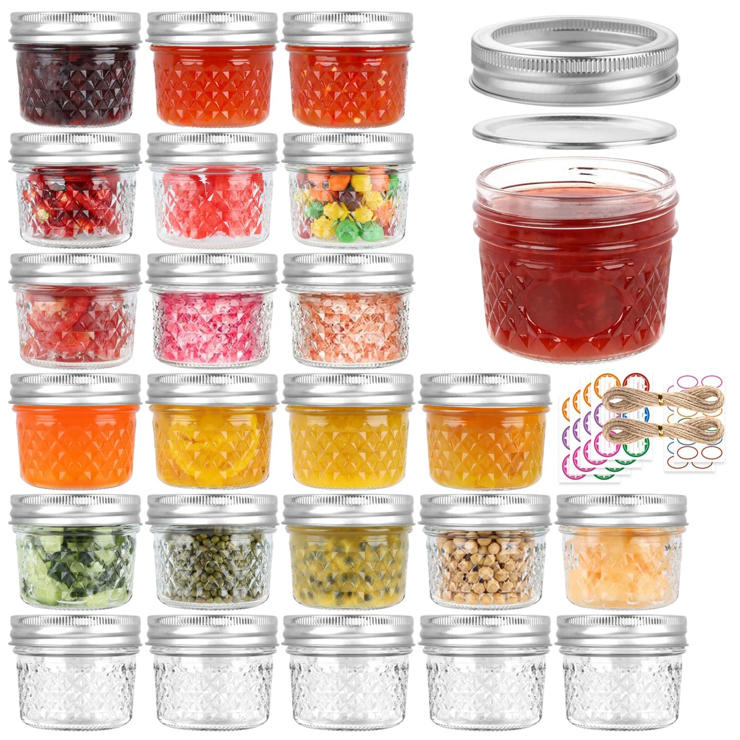 GUANENA 24 Pack 4 oz Mason Jars, Small Canning Jars with Regular Lids and Bands, Mini Glass Jars for Jam, Jelly, Honey, Spice, Wedding Favors, DIY Projects