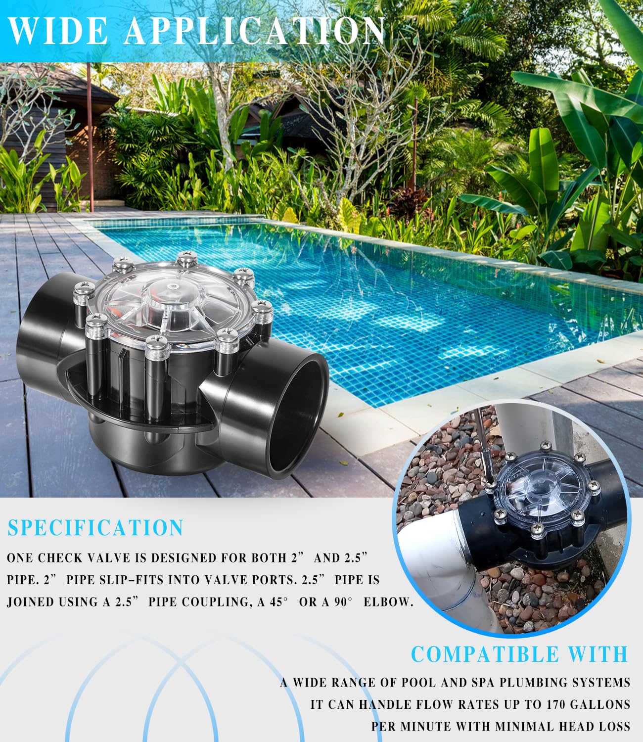 Replacement for Jandy 7305 Check Valve 180 Degree 2 Inch to 2.5 Inch Check Valve Compatible with Straight Through Flow Fit for Pools and Spas