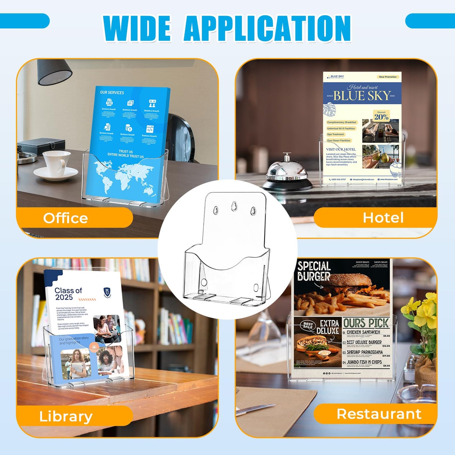 FLKQC Acrylic Brochure Holder, 9 x 11 in Brochure Holder Stand 4 Pack Plastic Pamphlet Holder Clear Literature Countertop Organizer Plastic Flyer Display Stand for Magazine, Document, Booklet