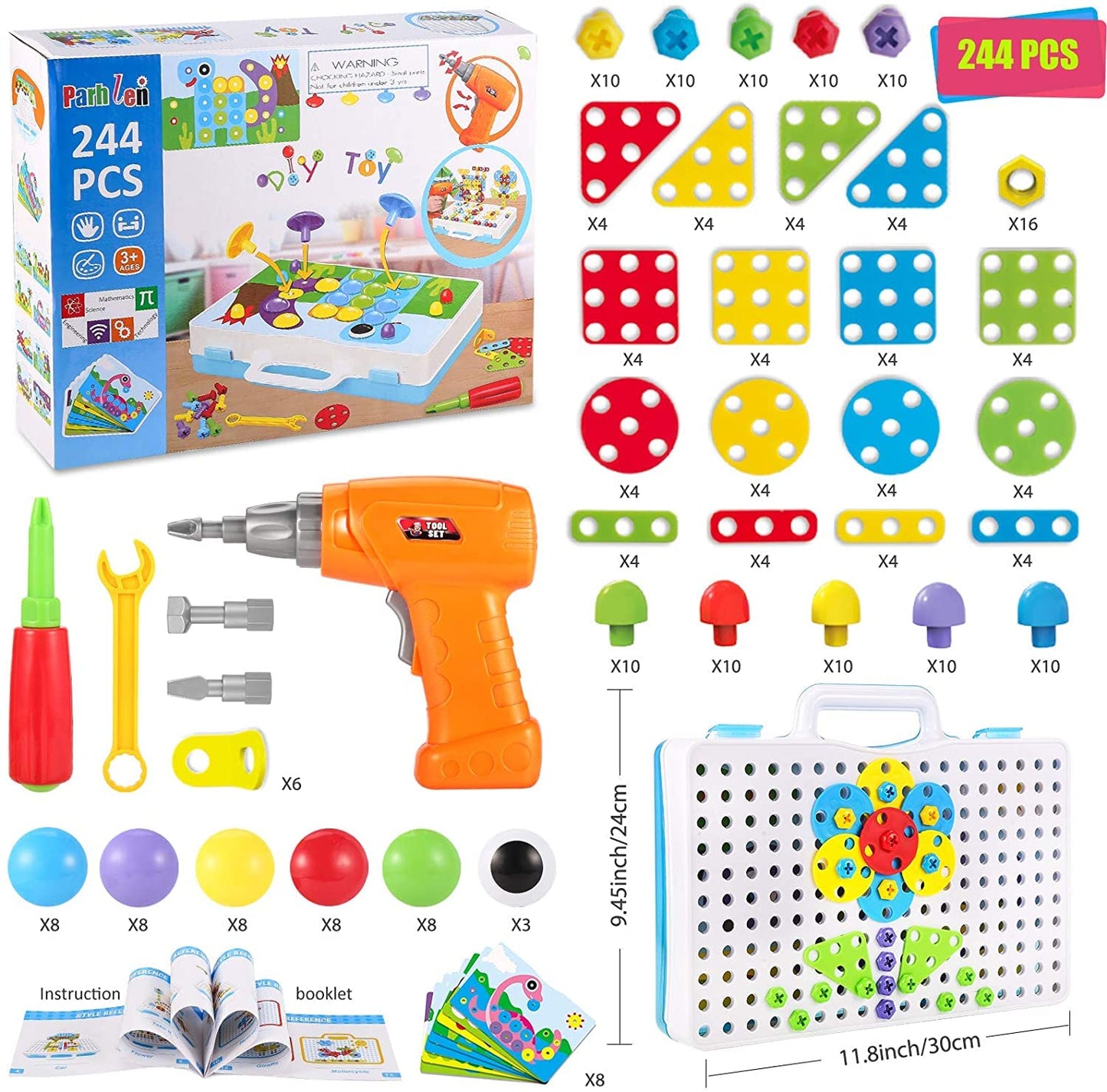 Parhlen Educational Toys Building Blocks, 244 Pieces Electric Screwdriver DIY Building Toys for Both Boys and Girls, Educational Construction Building kit for Kids Ages 4 5 6 7 8 9 10 Year Old