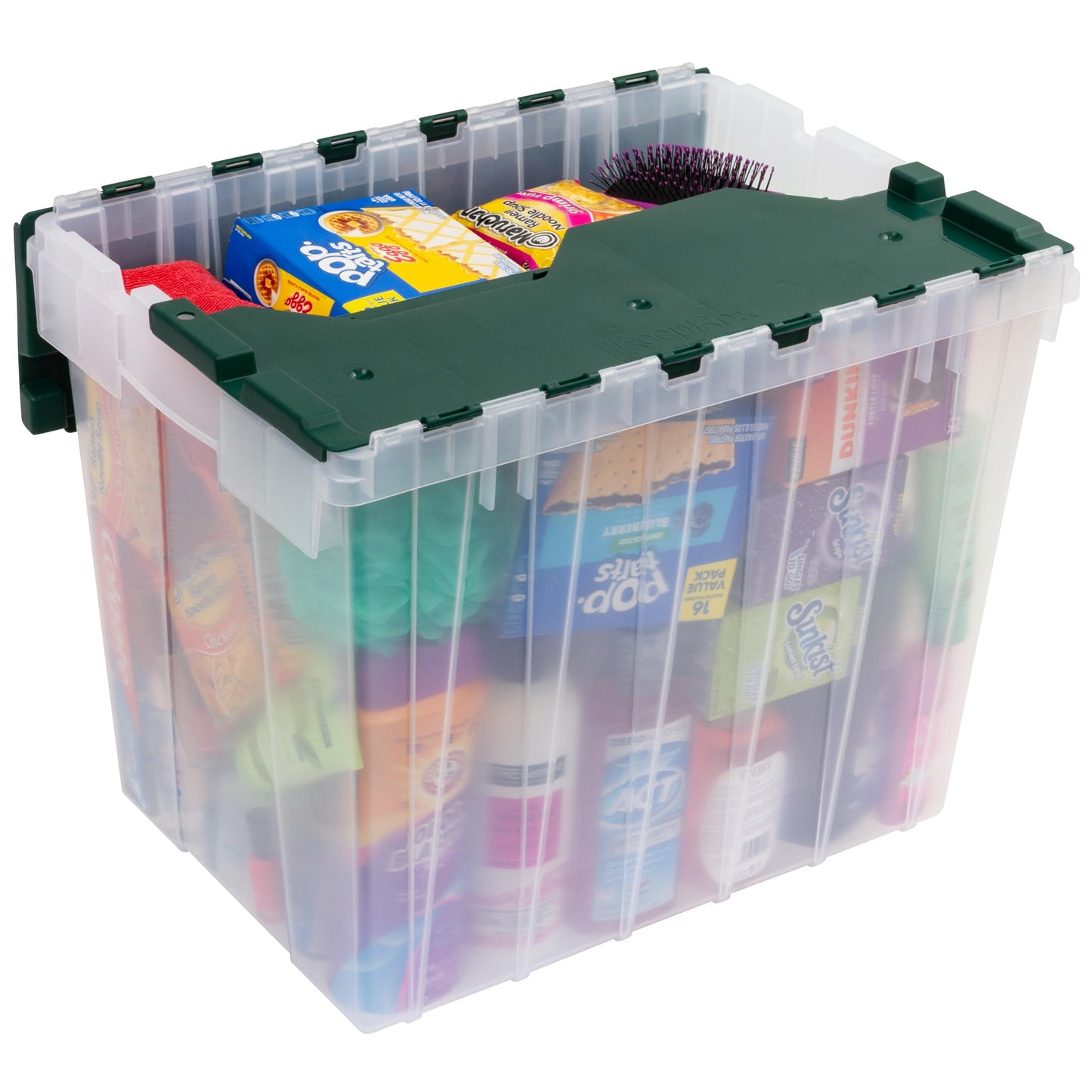 Akro-Mils 66497 18 Gallon Plastic Stackable Storage KeepBox Tote Container with Hinged Attached Lid, 21-Inch L x 15-Inch W x 17-Inch H, Clear/Green