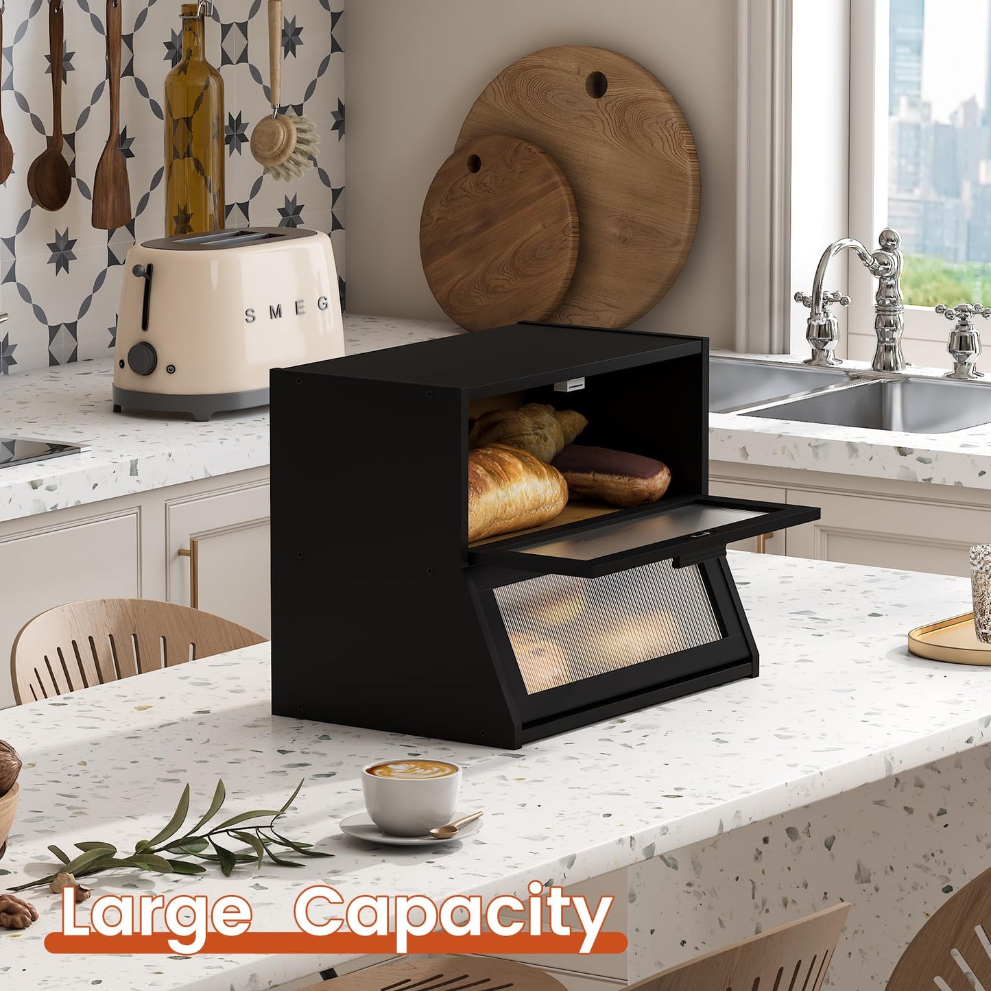 GHWIE Double Layer Bamboo Bread Box for Kitchen Counter,Large Capacity Bread Storage Bin,Bread Container with Acrylic Wavy Door Panel (Black, Medium)
