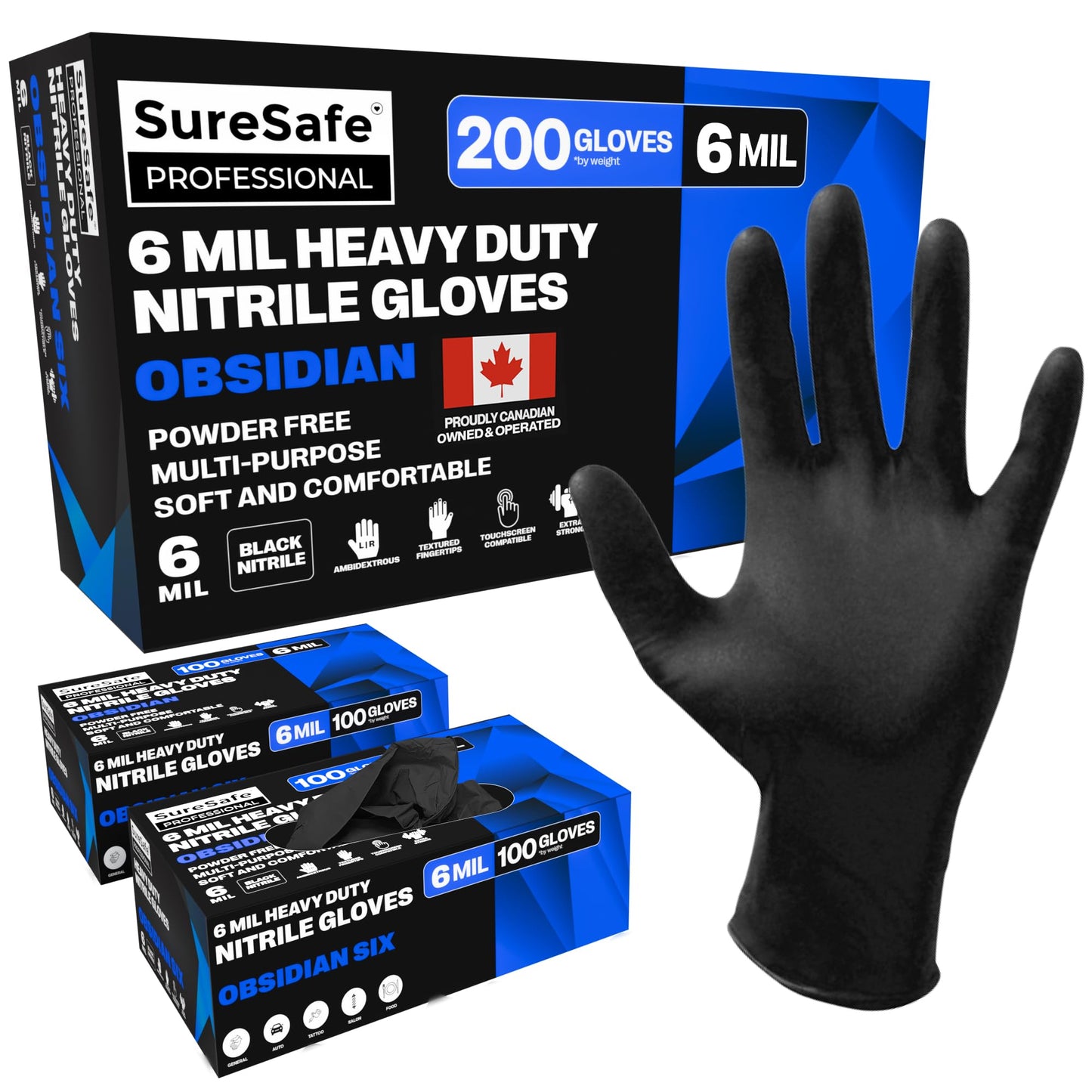 [200 Pack] SURESAFE 6 Mil Black Nitrile Gloves Large, Heavy Duty Mechanics Gloves Men, Powder & Latex Free, Texture Fingertips, For Work, Mechanics, Food Prep, Cooking, Tattoo, Butcher