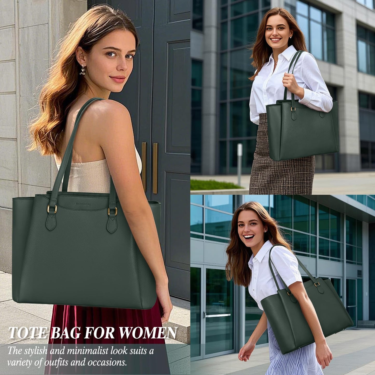 RAINSMORE Laptop Bags for Women 15.6 Inch Work Tote Bags Womens Laptop Purse Waterproof PU Leather Laptop Briefcase for Office Computer Bag Women Travel Handbag, Green