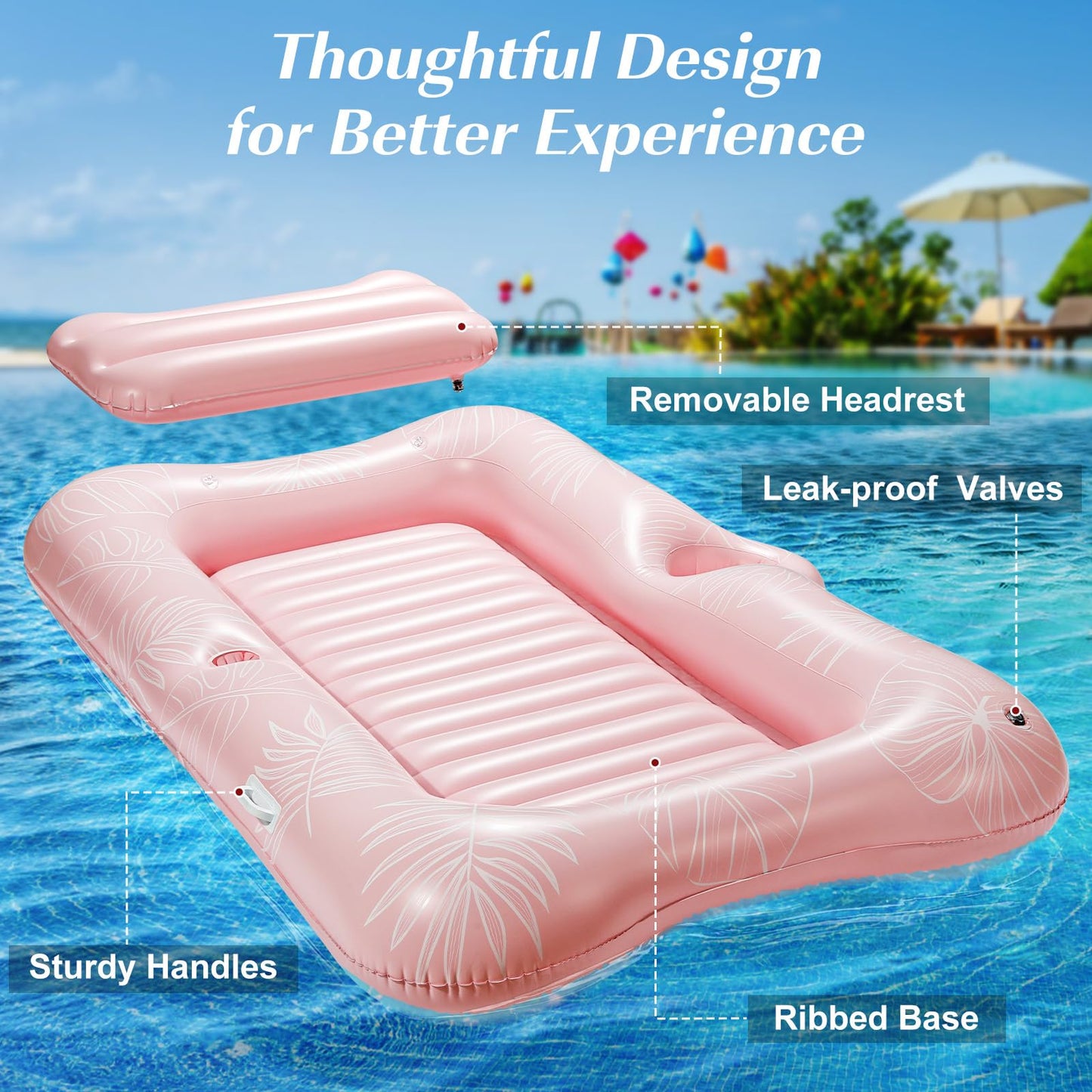 HeySplash Inflatable Pool Float Lounge, Large Inflatable Pool Floats Boat for Adults with Cup Holder & Detachable Pillow, Tanning Pool Lounger Float for Outdoor Lake River Summer Water Party,Pink Leaf