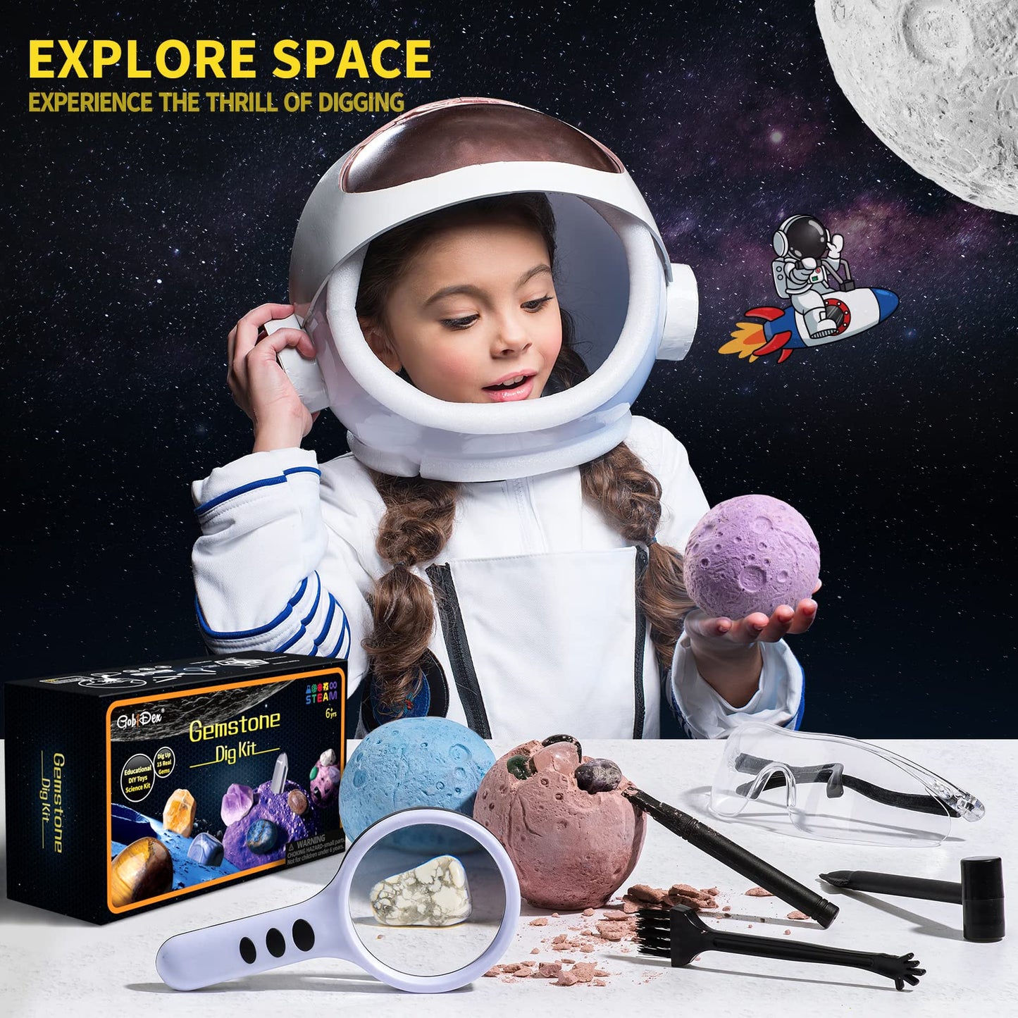 Gemstones Dig Kit, Solar System Science Kit for Kids, Excavate 15 Real Gems, STEM Educational Space Toys Moon Planet Collection Kit, Archaeology Geology Science Projects Gift for Boys & Girls Age 6+