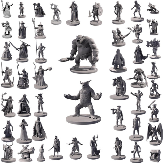 50 Unique Miniatures Fantasy Tabletop RPG Figures for Dungeons and Dragons, Pathfinder Roleplaying Games. Bulk unpainted, Great for D&D