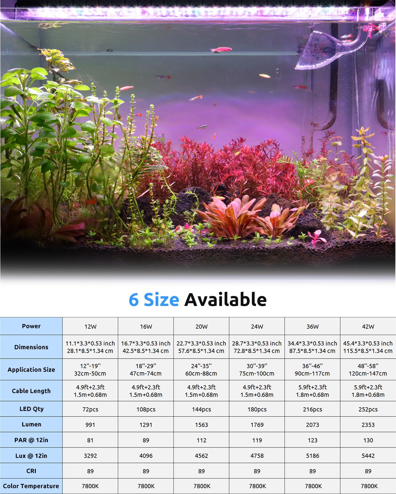 SEAOURA Aquarium Plant Growth Light for 120-137cm Freshwater Tank, Full Spectrum LED Lights, 6H/8H/12H Timer, WRB 3 Channel Customizable, 10 Brightness & 11 Colors, Adjustable Bracket - 42W