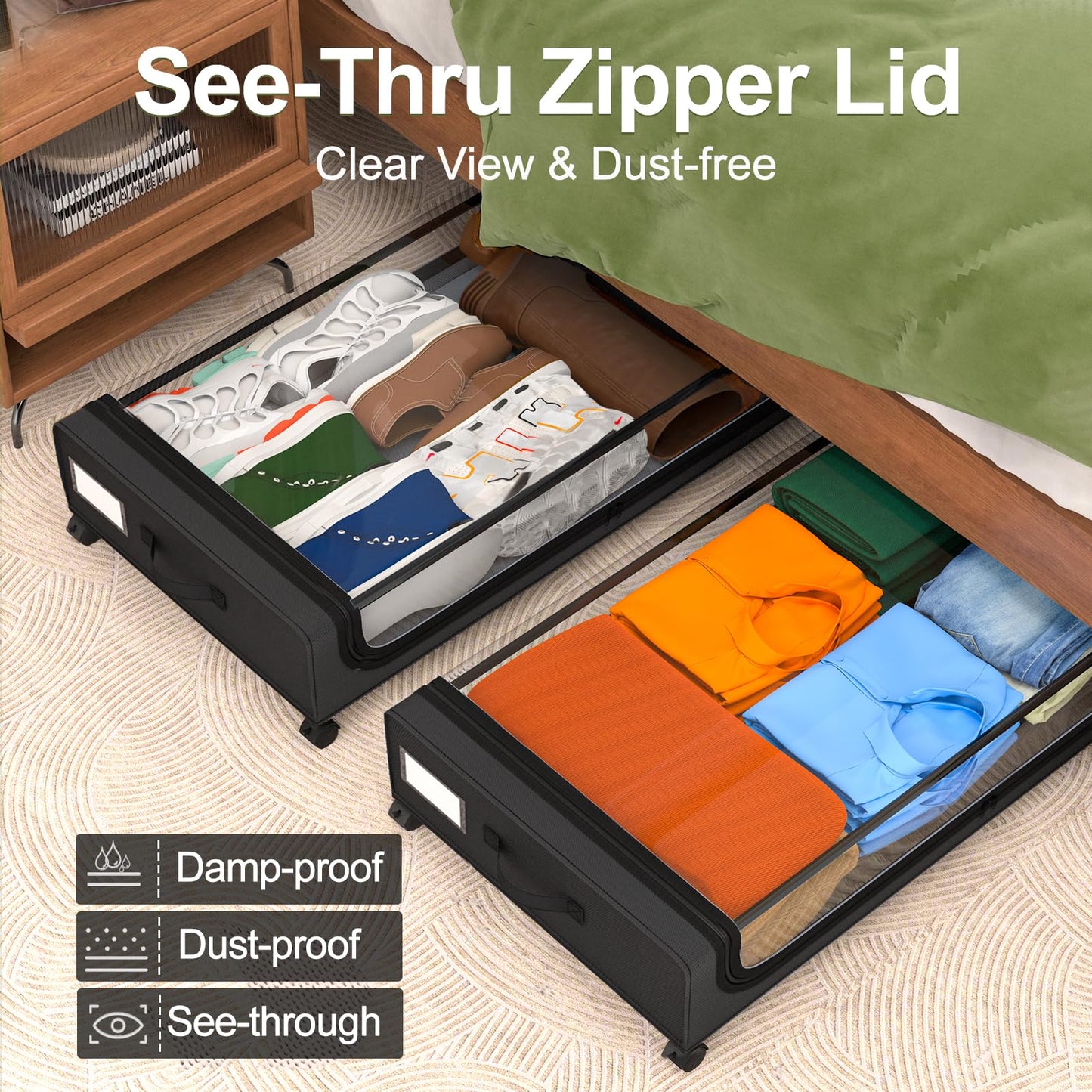 GoMaihe Under Bed Storage with Wheels: 48L Underbed Storage Bins with Lids - Rolling Rangement Vetement sous le Lit - Containers for Clothes Shoes in Bedroom - Easy Pull-out Black 2-Pack
